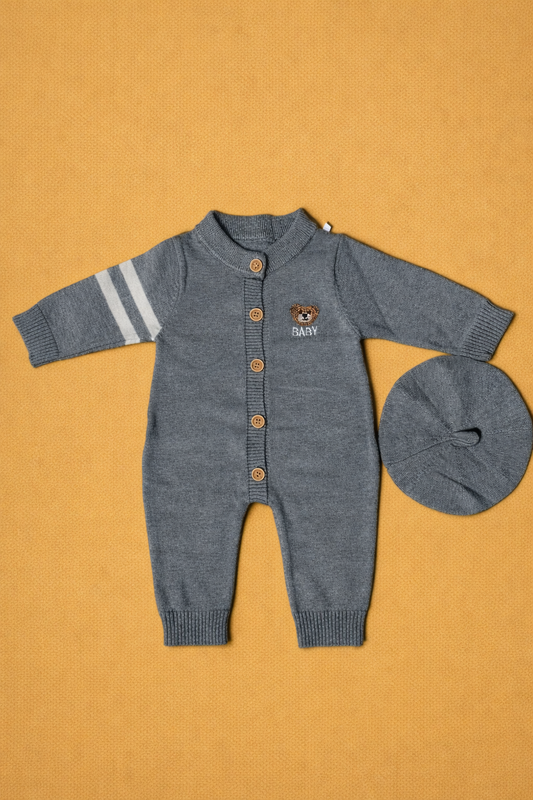 Grey Button Romper & Beret