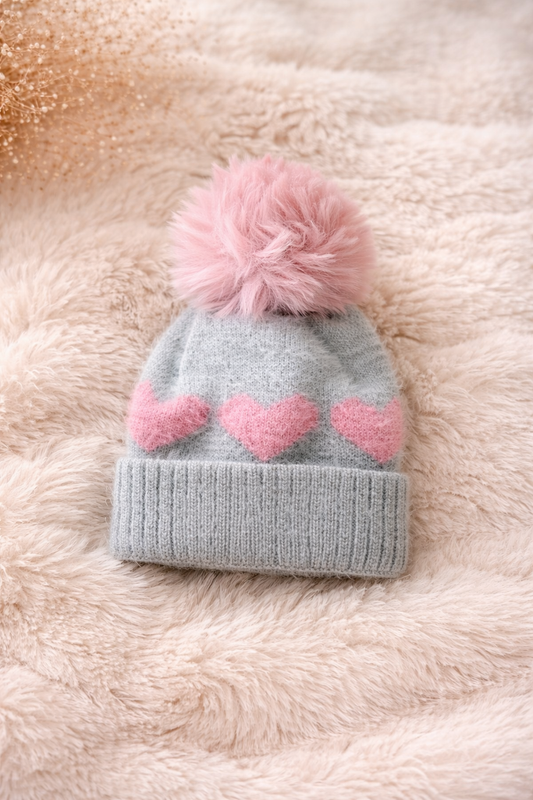Blush Heart Pom Beanie Grey