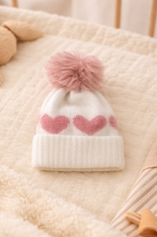 Blush Heart Pom Beanie White