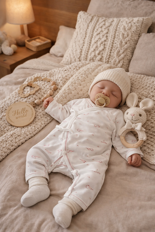 White Wrap-Style Onesie with Pink Trim (Patterned)