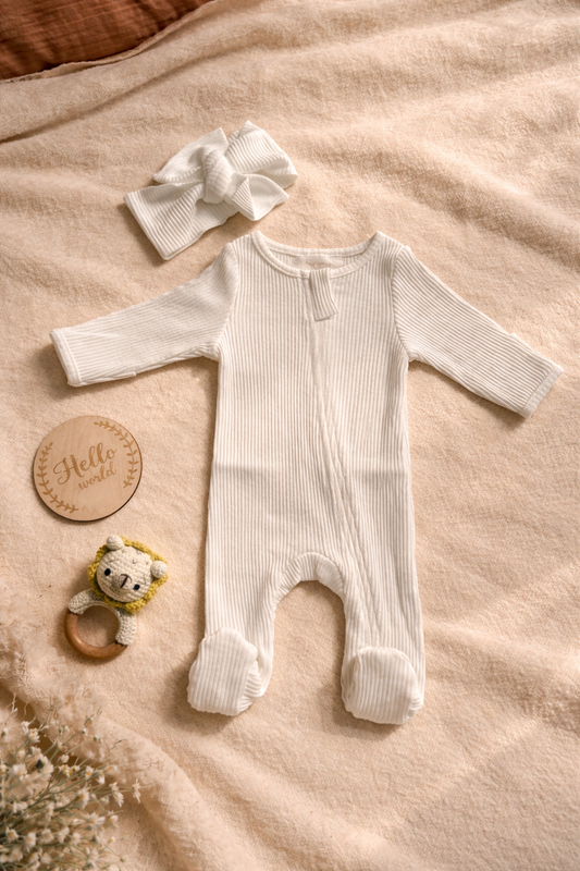 Ivory Ribbed Footed Romper with Headband