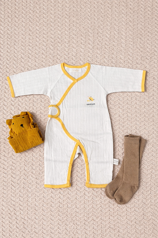 White Wrap-Style Sleepsuit with Yellow Trim