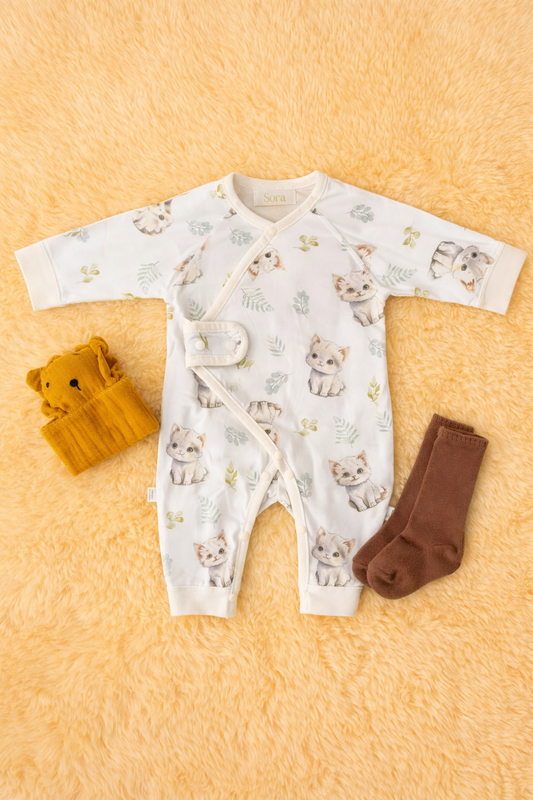White Cat Print Snap-Front Sleepsuit