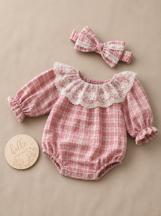 Blush Pink Gingham Lace Romper & Headband Set