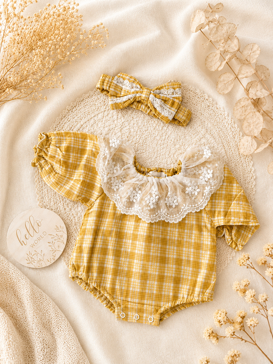 Mustard Gingham Lace Romper & Headband Set