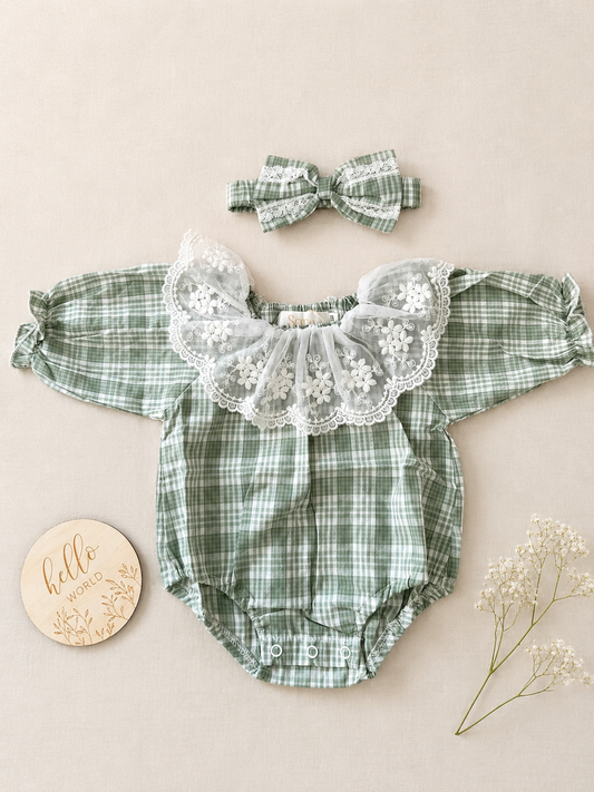 Sage Gingham Lace Romper & Headband Set