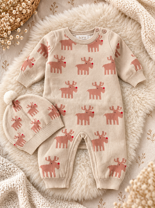 Cream & Pink Reindeer Baby Romper with Matching Hat