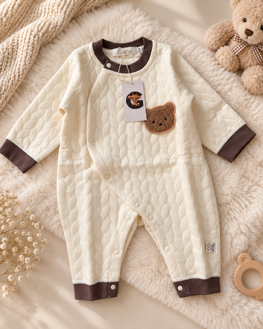 Cream Quilted Teddy Bear Baby Romper