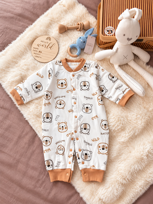 Ivory Animal Print Baby Romper with Caramel Trim