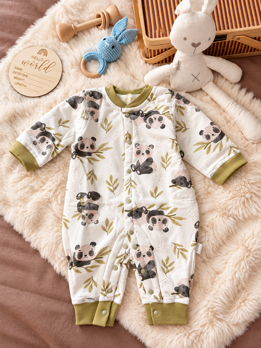 Ivory Woodland Print Baby Romper with Olive Trim