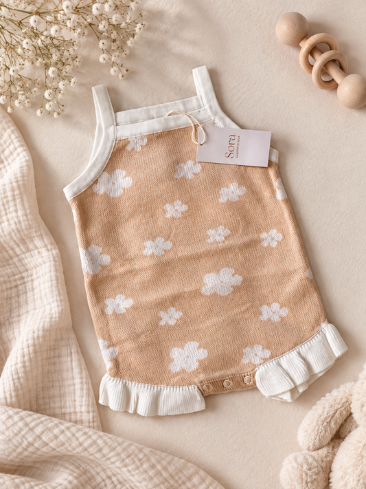 Beige Floral Pinafore Dress with White Trim