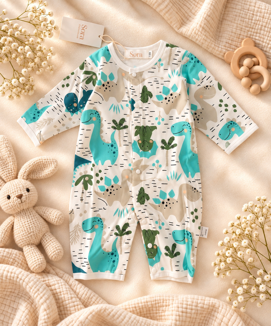 Teal Botanical Print Cotton Baby Romper