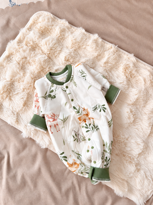White Floral Print Sleepsuit with Green Trim