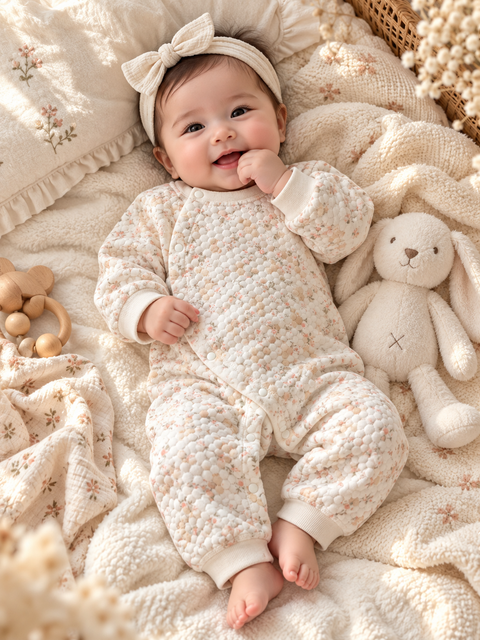Ivory Floral Quilted Long-Sleeve Baby Romper