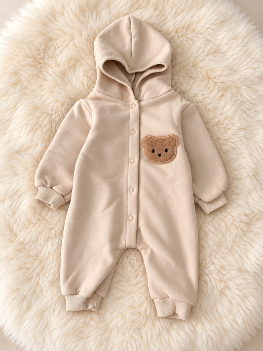 Cream Bear Hooded Romper