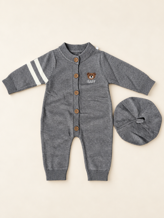 Grey Button Romper & Beret