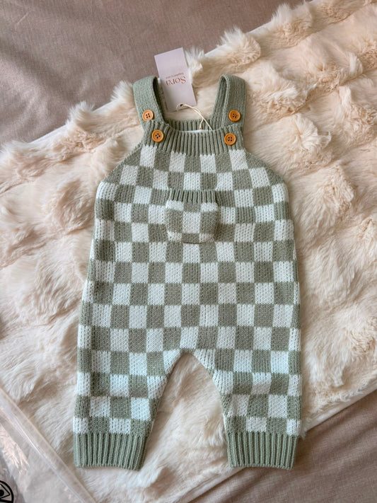 Sage Check Knit Dungaree Romper
