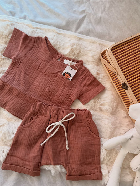 Terracotta Muslin Top & Shorts Set