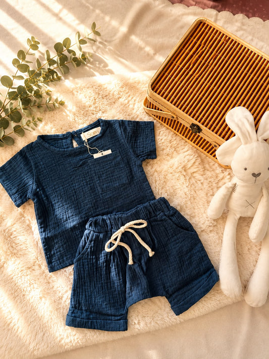 Navy Muslin Top & Shorts Set