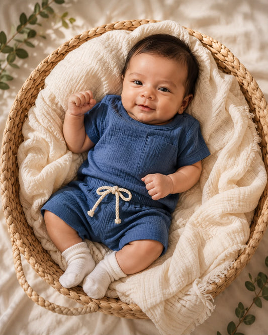 Steel Blue Muslin Top & Shorts Set