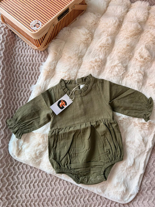 Olive Frill Hem Puff Sleeve Baby Romper