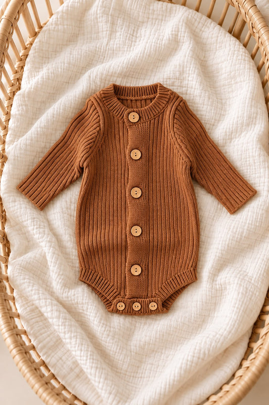 Caramel Ribbed Knit Baby Romper