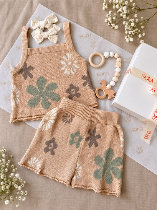 Beige Floral Knit Two-Piece Baby Set
