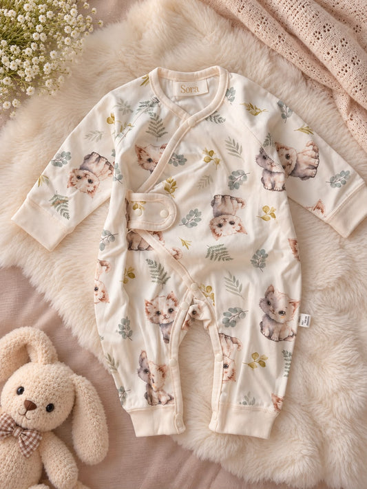 White Cat Print Snap-Front Sleepsuit