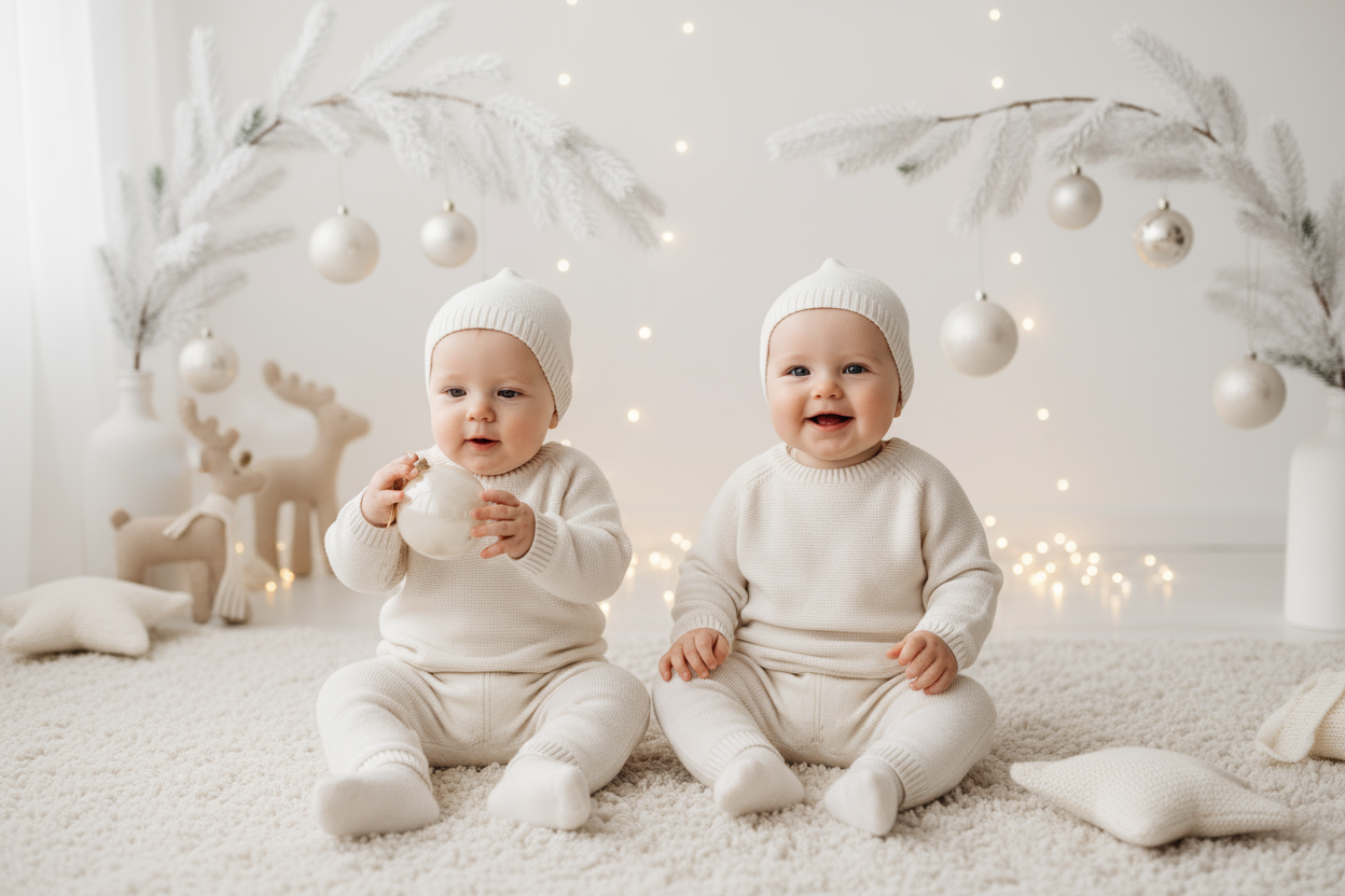 baby boy and baby girl chritmas pic but off white clothes and off white baground not red