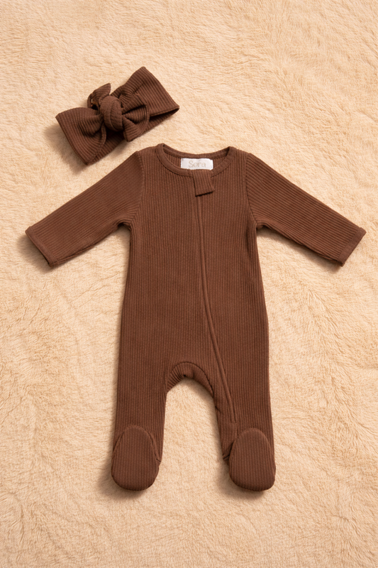 Cocoa Ribbed Footed Romper with Headband