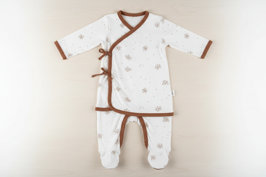 White Wrap-Style Onesie with Brown Trim (Patterned)